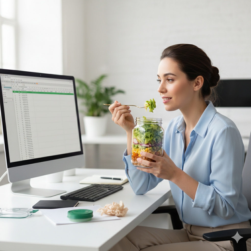 Woman enjoying harvest bottle at work